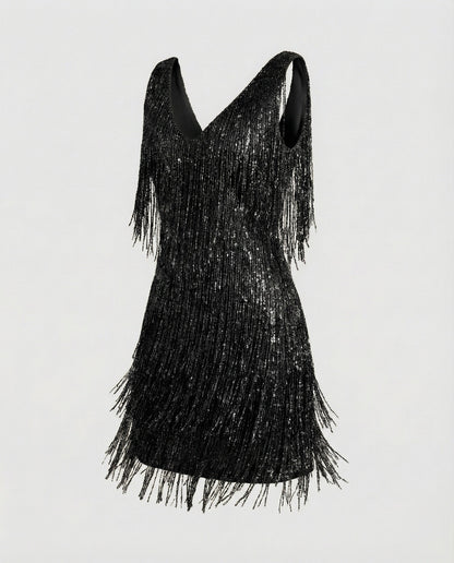 Women's Charleston Fringe Mini Dress with Sequins - Black colorway