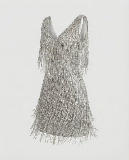 Women's Charleston Fringe Mini Dress with Sequins - Grey colorway