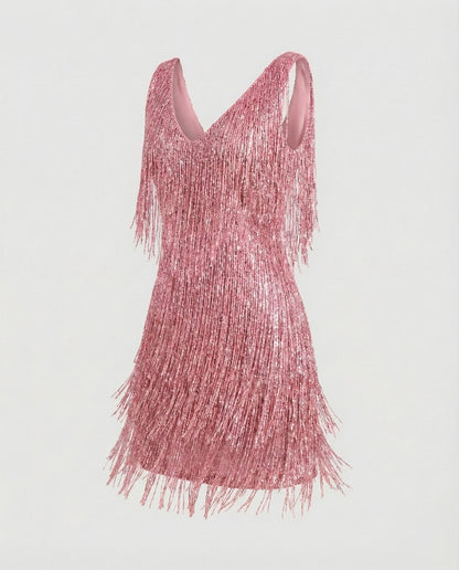 Women's Charleston Fringe Mini Dress with Sequins - Pink colorway