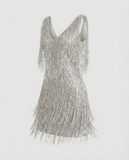 Women's Charleston Fringe Mini Dress with Sequins - White colorway