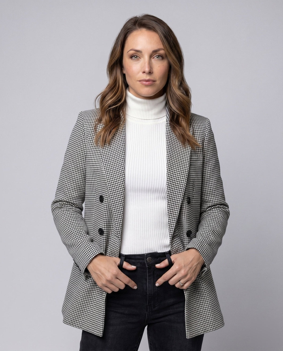 Women's checkered blazer jacket with double button placket and elegant pockets - Chichicherry