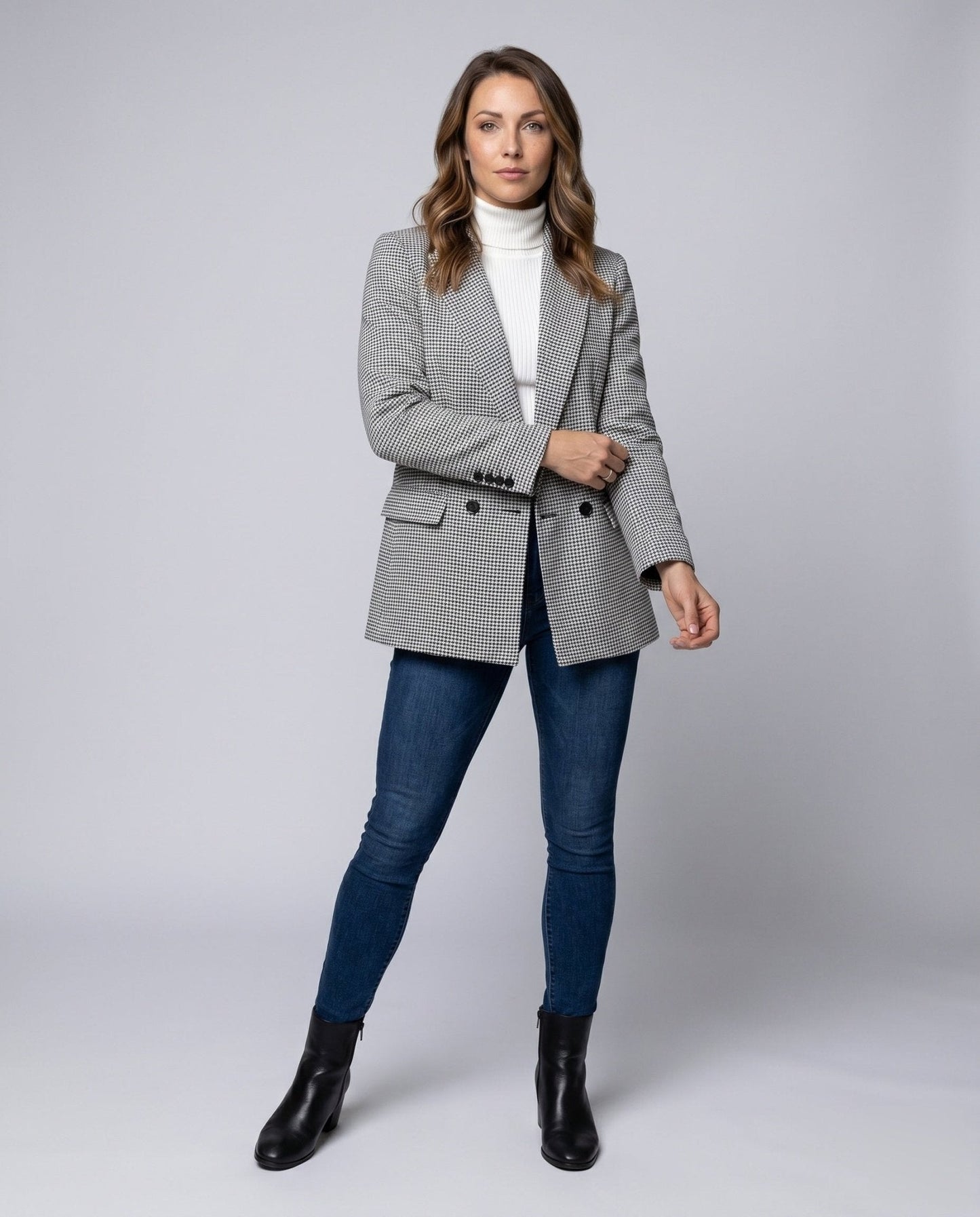 Women's checkered blazer jacket with double button placket and elegant pockets - Chichicherry