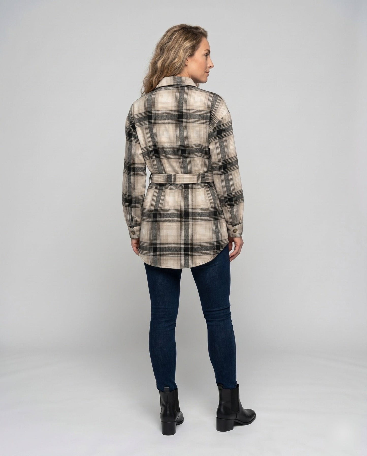 Women's Checkered Shirt Blouse with Belt and Chest Pockets - Chichicherry