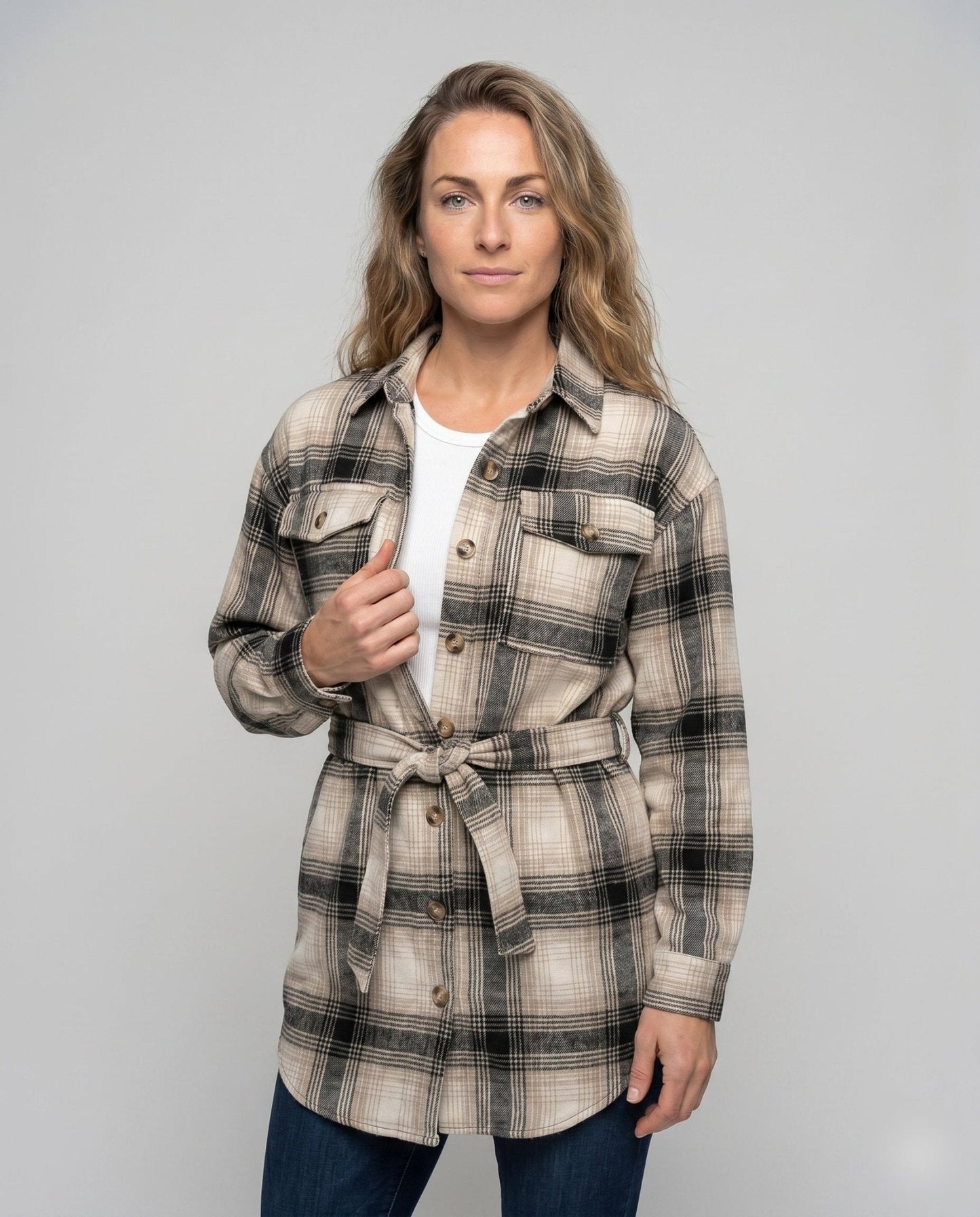 Women's Checkered Shirt Blouse with Belt and Chest Pockets - Chichicherry