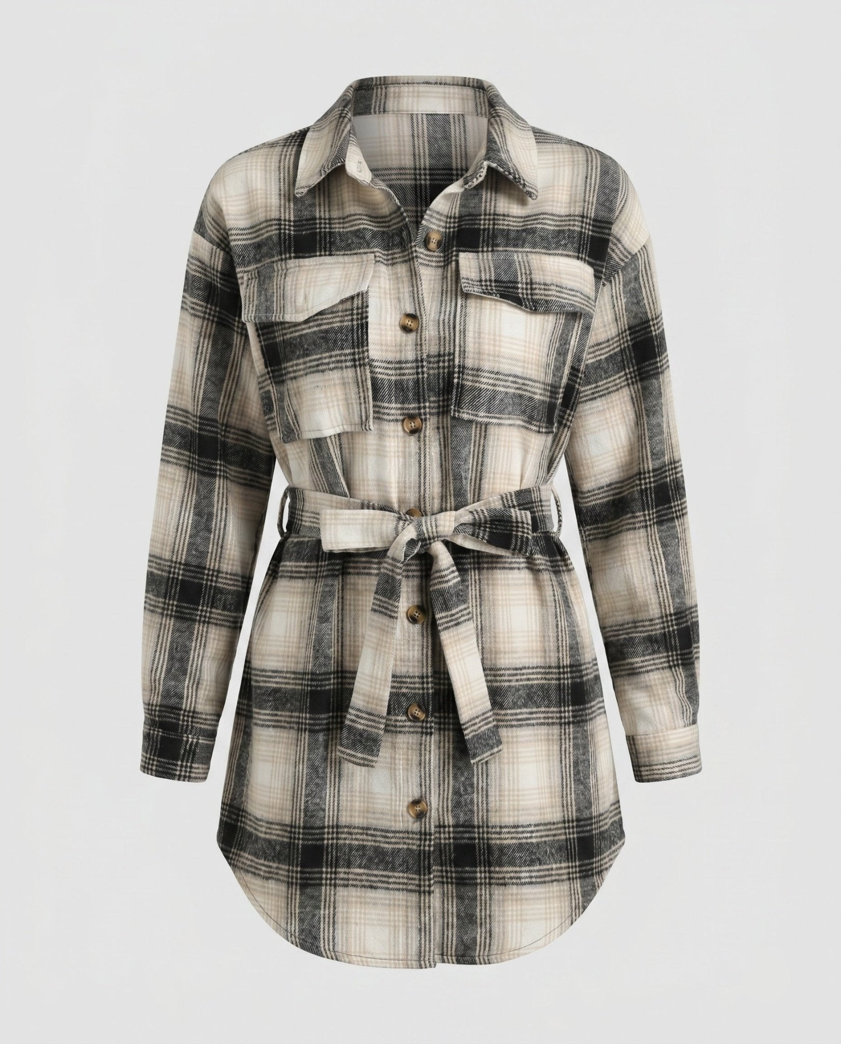 Women's Checkered Shirt Blouse with Belt and Chest Pockets - Chichicherry