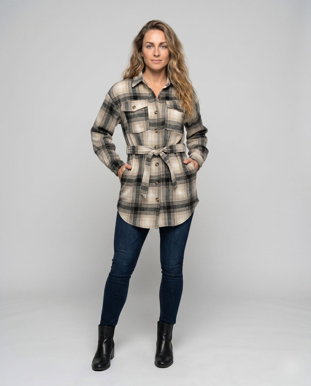 Women's Checkered Shirt Blouse with Belt and Chest Pockets - Chichicherry