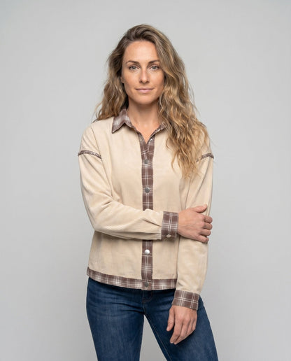 Women's Checkered Shirt Jacket with Removable Sleeves and Contrasting Details - Chichicherry