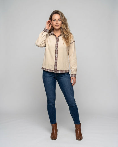Women's Checkered Shirt Jacket with Removable Sleeves and Contrasting Details - Chichicherry