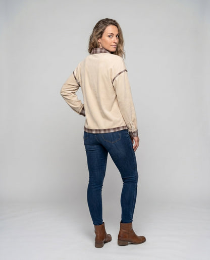 Women's Checkered Shirt Jacket with Removable Sleeves and Contrasting Details - Chichicherry