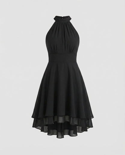 Women's Chiffon Cocktail Dress with Ruffle Hem - Black colorway