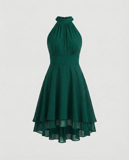 Women's Chiffon Cocktail Dress with Ruffle Hem - Green colorway