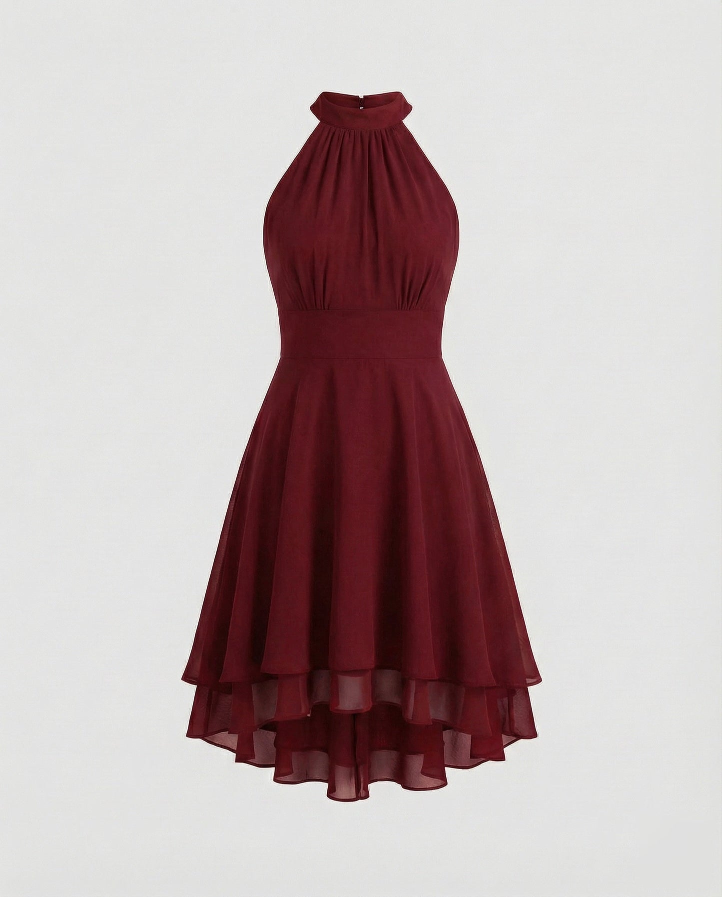 Women's Chiffon Cocktail Dress with Ruffle Hem - Wine Red colorway