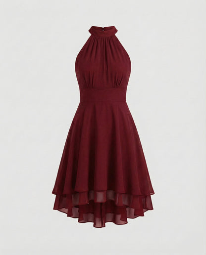 Women's Chiffon Cocktail Dress with Ruffle Hem - Wine Red colorway