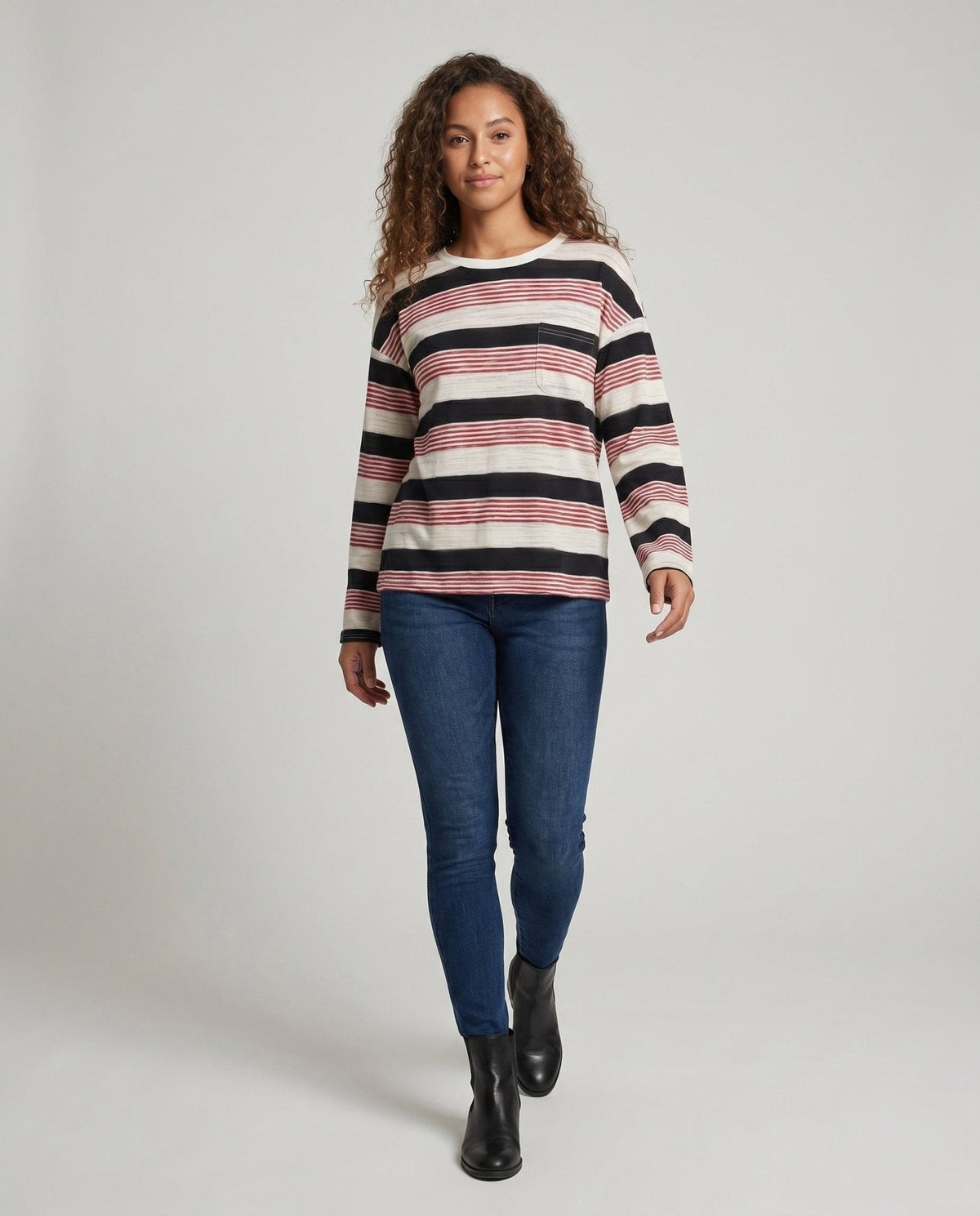 Women's Classic Long Sleeve Shirt with Maritime Stripe Pattern and Pocket Accent - Chichicherry