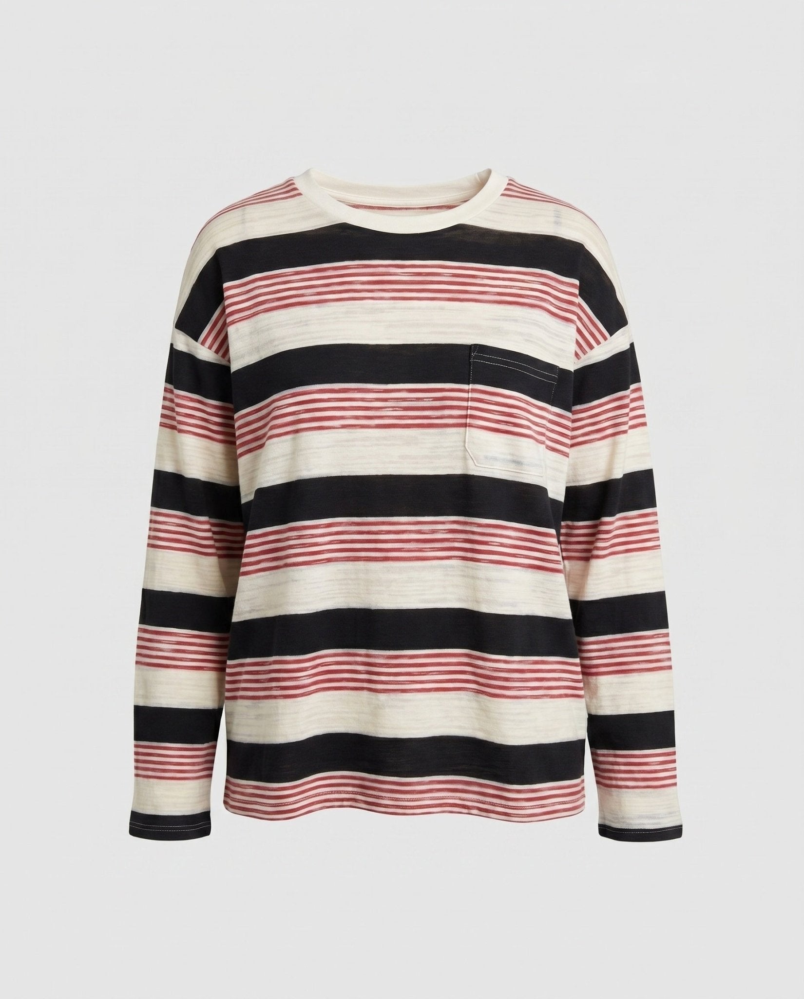 Women's Classic Long Sleeve Shirt with Maritime Stripe Pattern and Pocket Accent - Chichicherry