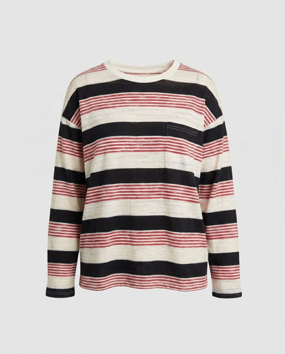 Women's Classic Long Sleeve Shirt with Maritime Stripe Pattern and Pocket Accent - Chichicherry