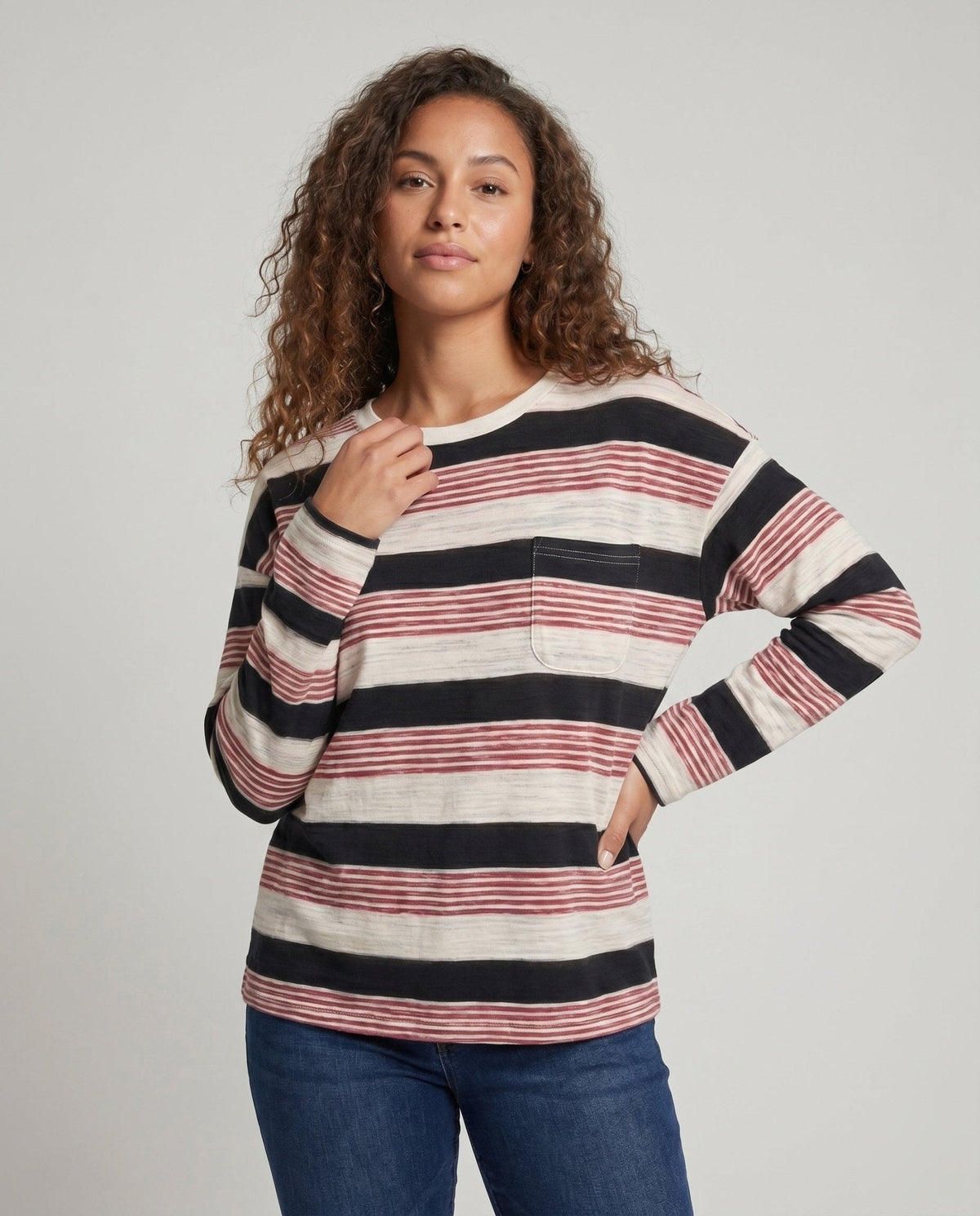 Women's Classic Long Sleeve Shirt with Maritime Stripe Pattern and Pocket Accent - Chichicherry