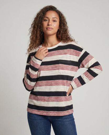 Women's Classic Long Sleeve Shirt with Maritime Stripe Pattern and Pocket Accent - Chichicherry