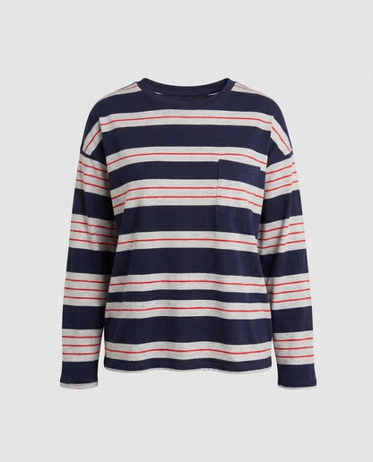 Women's Classic Long Sleeve Shirt with Maritime Stripe Pattern and Pocket Accent - Chichicherry