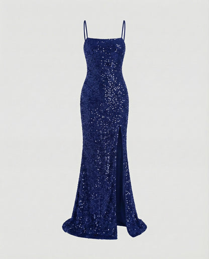 Women's Column Evening Dress Bustier Thigh Slit - Blue colorway