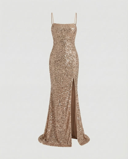 Women's Column Evening Dress Bustier Thigh Slit - Champagne colorway