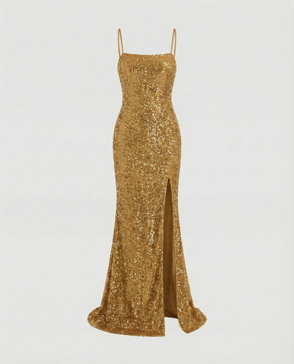 Women's Column Evening Dress Bustier Thigh Slit - Gold colorway