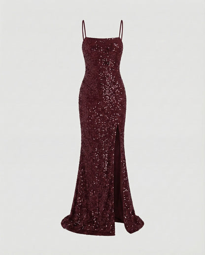 Women's Column Evening Dress Bustier Thigh Slit - Red colorway