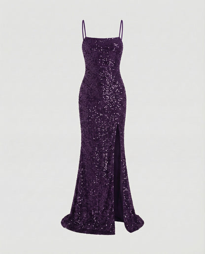Women's Column Evening Dress Bustier Thigh Slit - Violet colorway