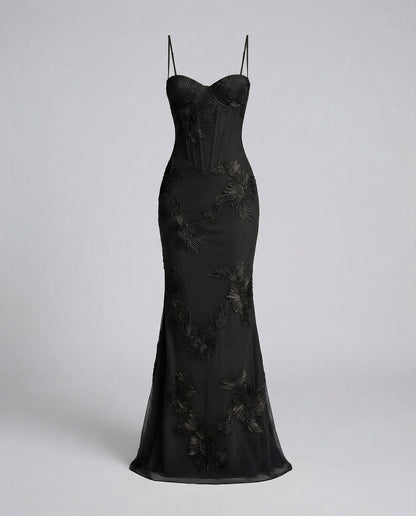 Women's Corset Evening Dress Flower Embroidery Figure-Hugging - Black colorway