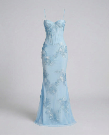 Women's Corset Evening Dress Flower Embroidery Figure-Hugging - Light Blue colorway
