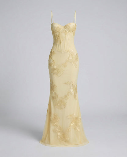 Women's Corset Evening Dress Flower Embroidery Figure-Hugging - Yellow colorway