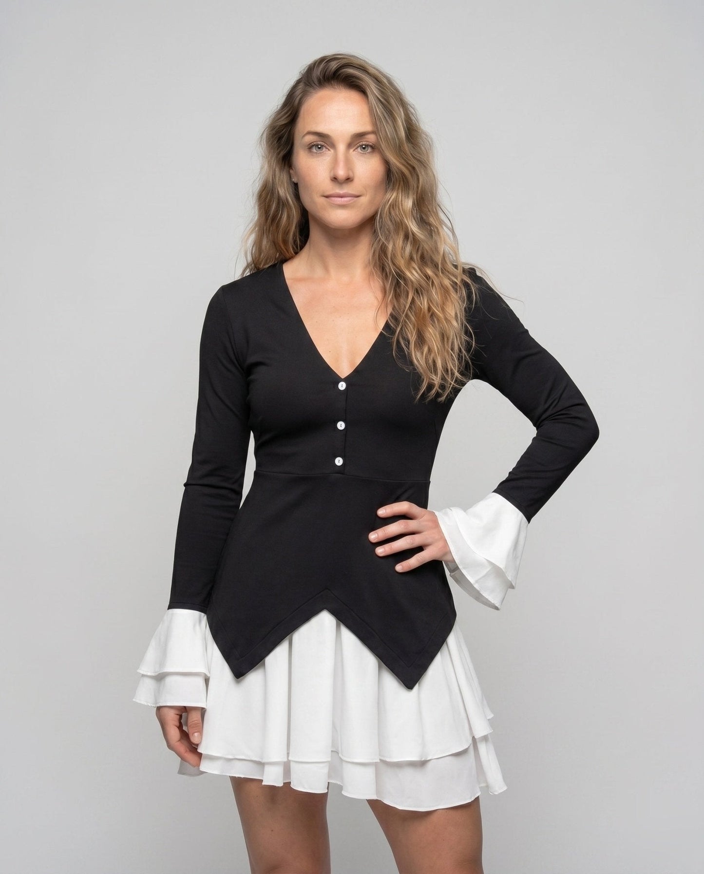Women’s dress with deep V-neckline and palazzo skirt - Chichicherry