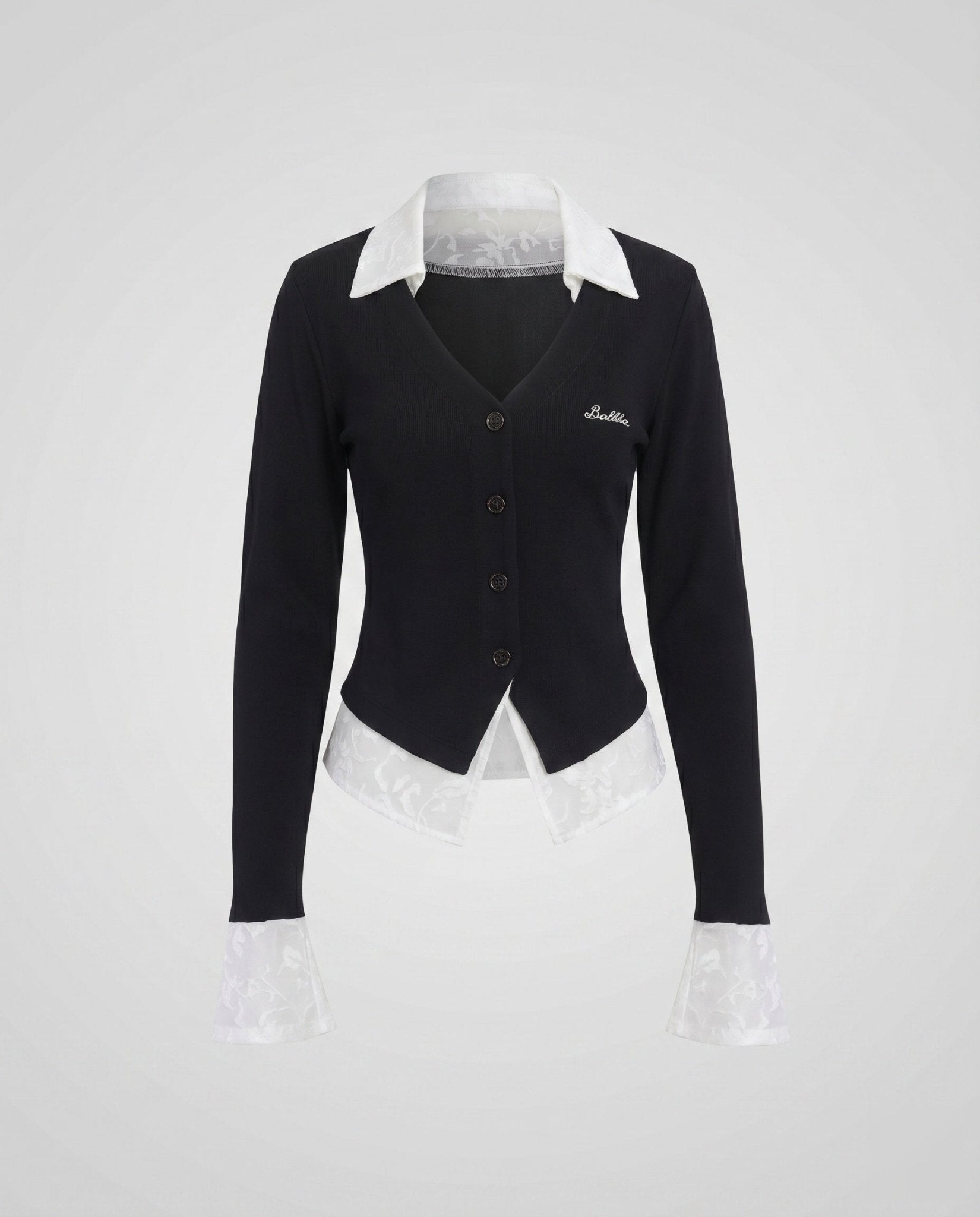Women's elegant blazer jacket with contrasting sleeve cuffs and high collar - Chichicherry