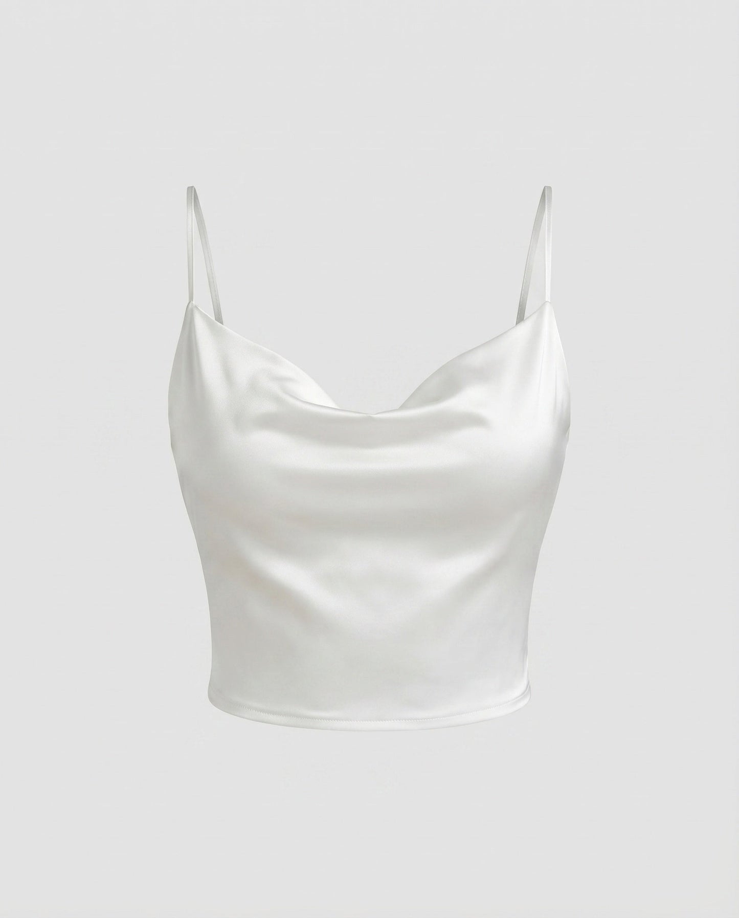 Women's Elegant Spaghetti Strap Crop Top with V-neck and Fine Satin Texture - White colorway