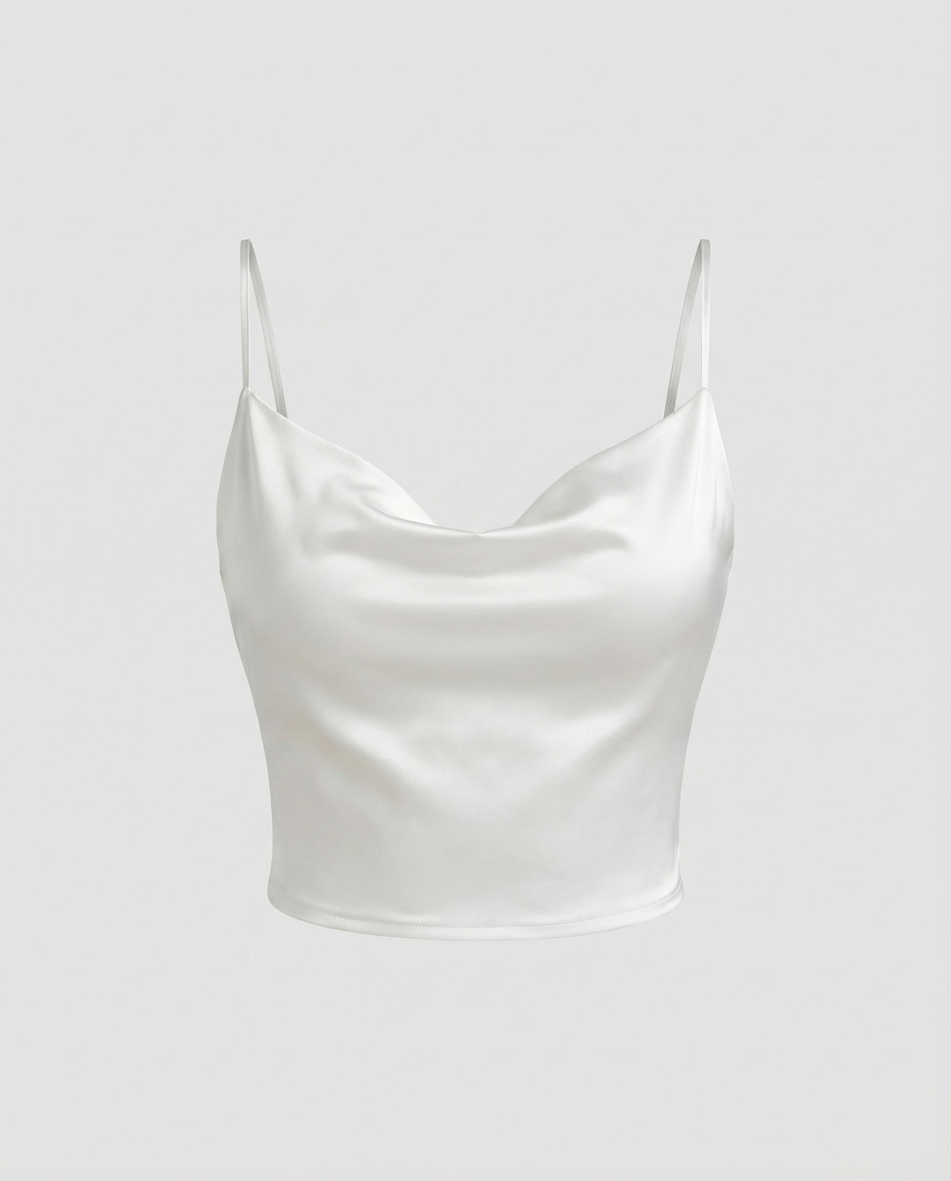 Women's Elegant Spaghetti Strap Crop Top with V-neck and Fine Satin Texture - White colorway