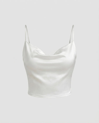 Women's Elegant Spaghetti Strap Crop Top with V-neck and Fine Satin Texture - White colorway