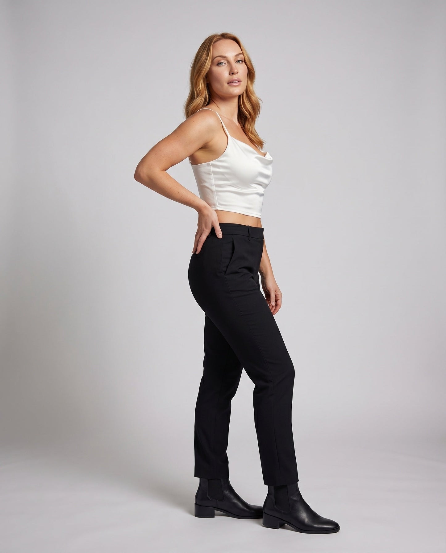 Women's Elegant Spaghetti Strap Crop Top with V-neck and Fine Satin Texture - front view