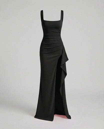 Women's Evening Dress Square Neck Side Slit - Black colorway