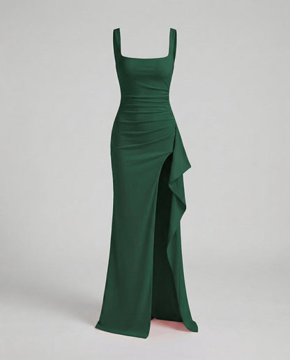 Women's Evening Dress Square Neck Side Slit - Green colorway