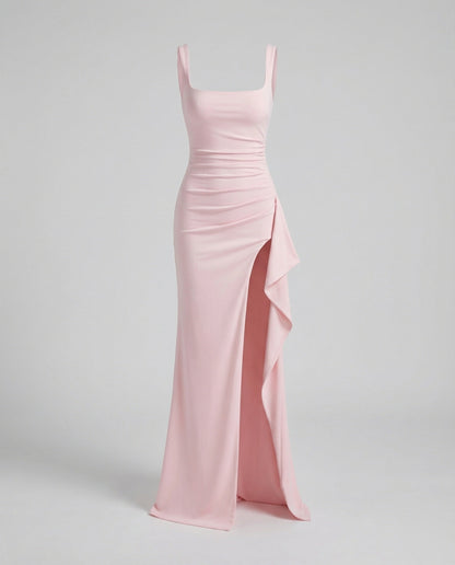 Women's Evening Dress Square Neck Side Slit - Pink colorway