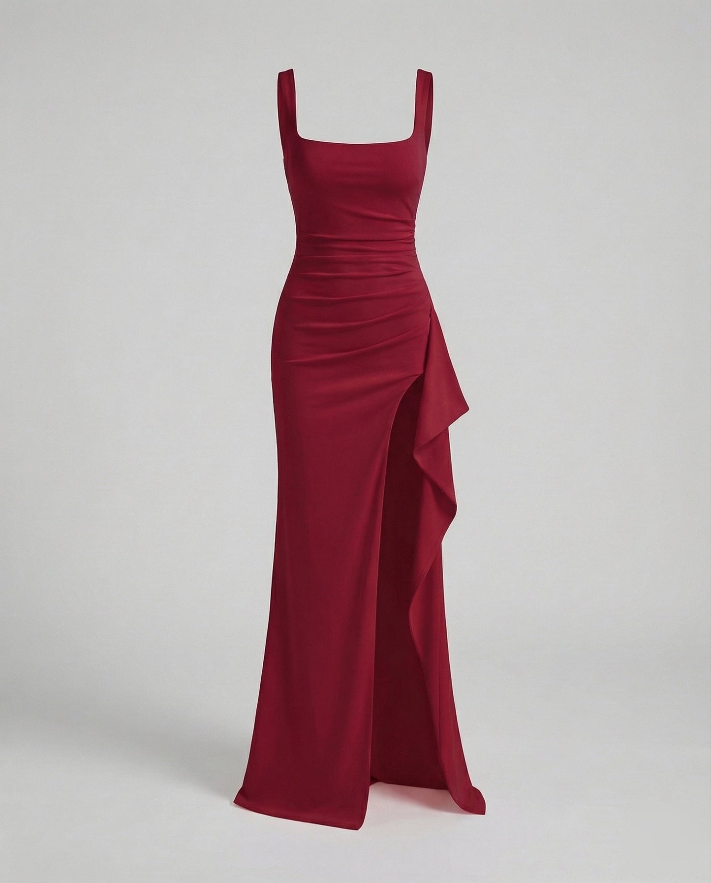 Women's Evening Dress Square Neck Side Slit - Wine Red colorway