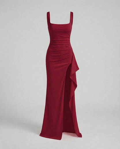 Women's Evening Dress Square Neck Side Slit - Wine Red colorway