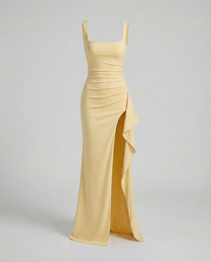 Women's Evening Dress Square Neck Side Slit - Yellow colorway