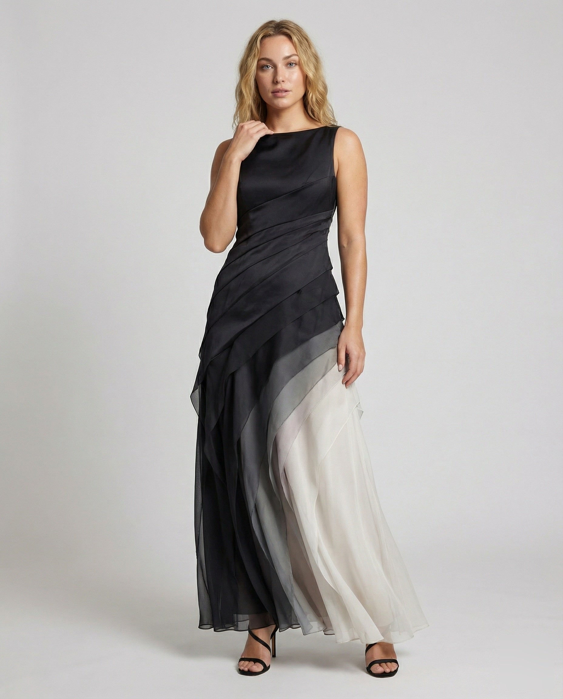 Women's Evening Dress U-Boat Neckline Tiered Layers - front view
