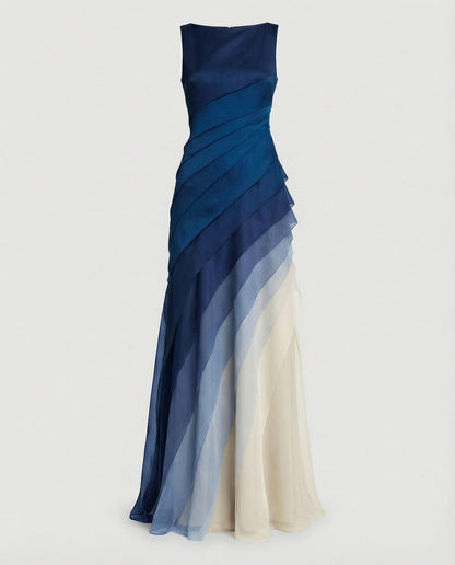 Women's Evening Dress U-Boat Neckline Tiered Layers - Blue colorway