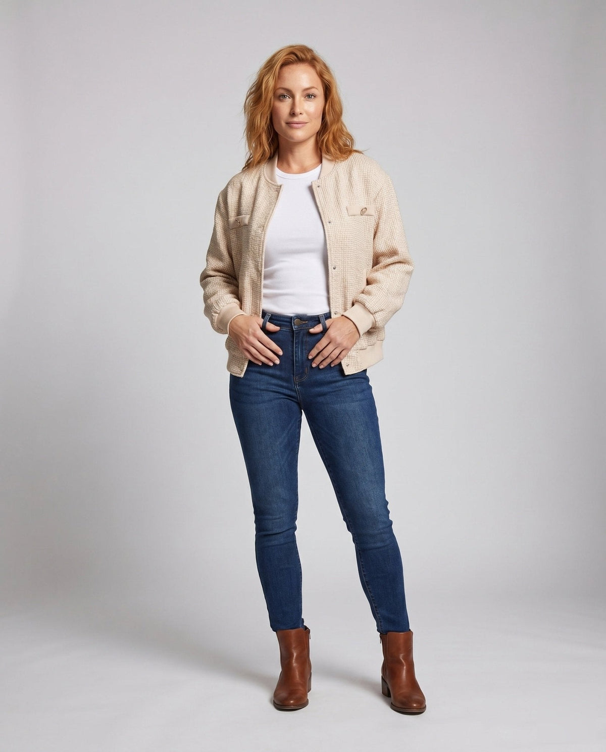 Women's fashionable bomber jacket with textured fabric and practical pockets - Chichicherry