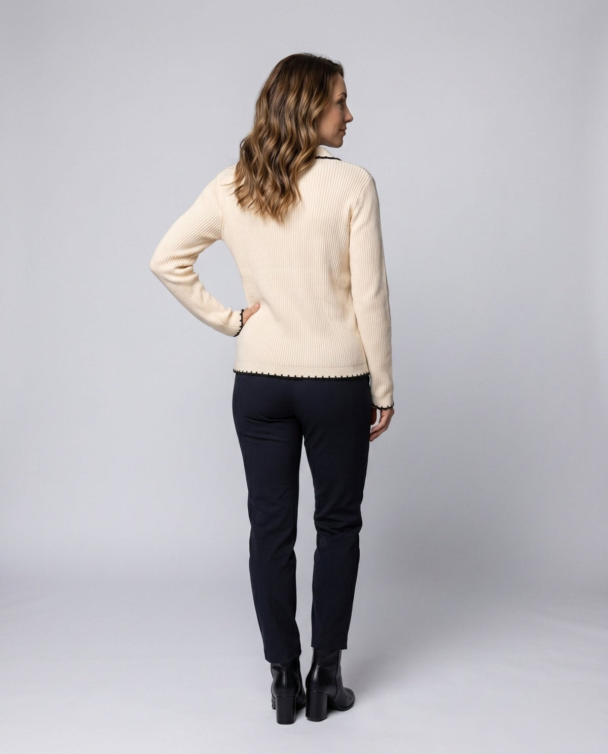 Women's fashionable knitted cardigan with decorative cord bows and contrast details - Chichicherry