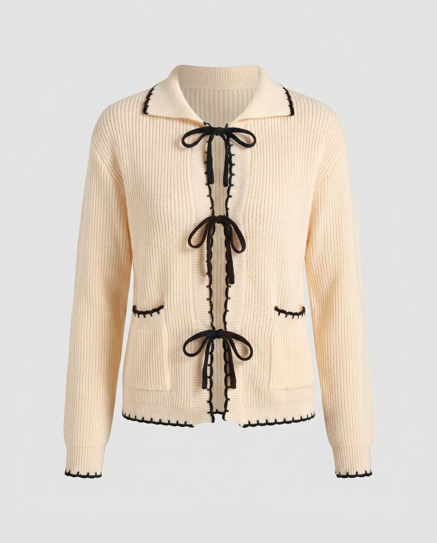 Women's fashionable knitted cardigan with decorative cord bows and contrast details - Chichicherry