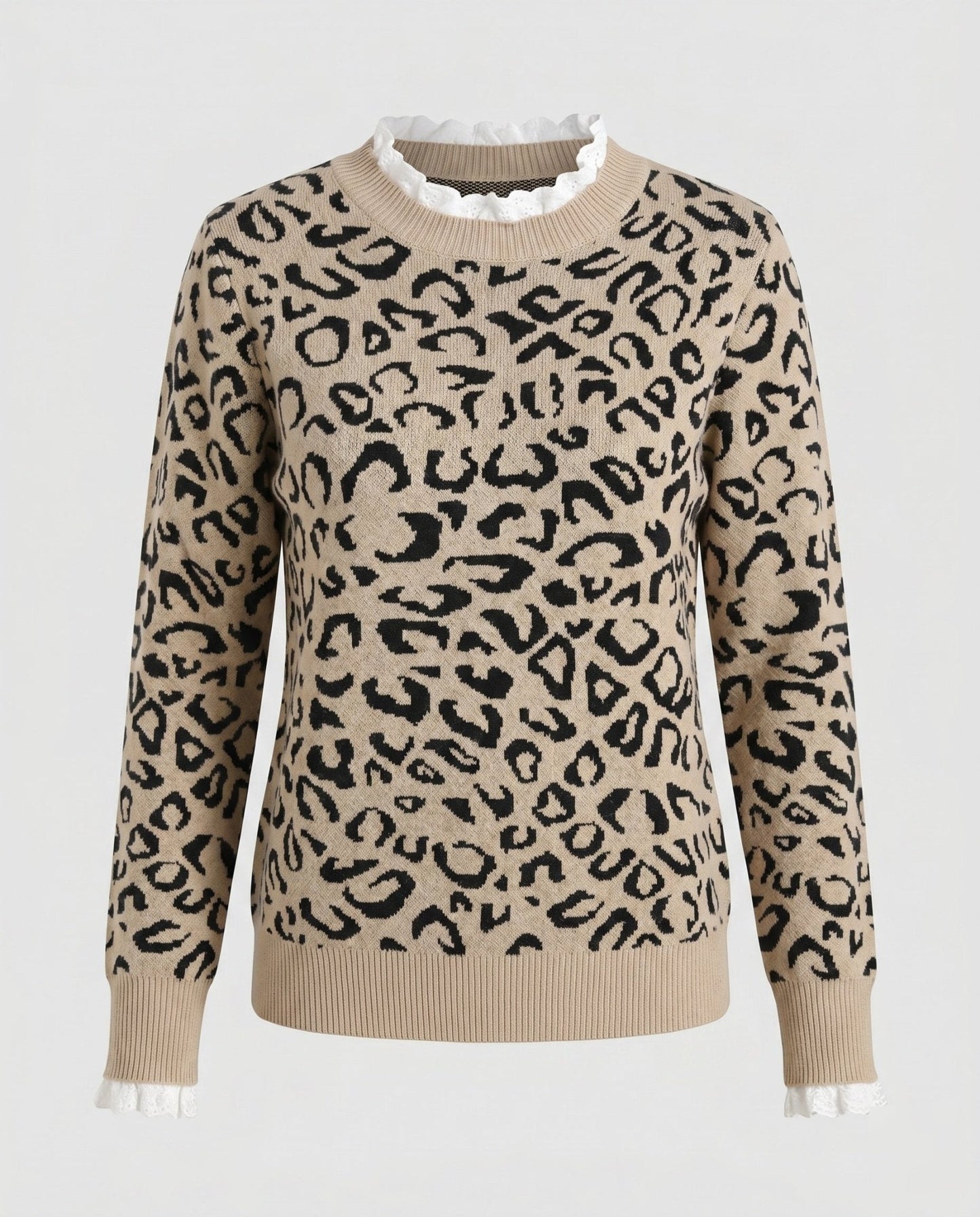 Women's fashionable knitted sweater with leopard pattern and ruffle accents - Chichicherry