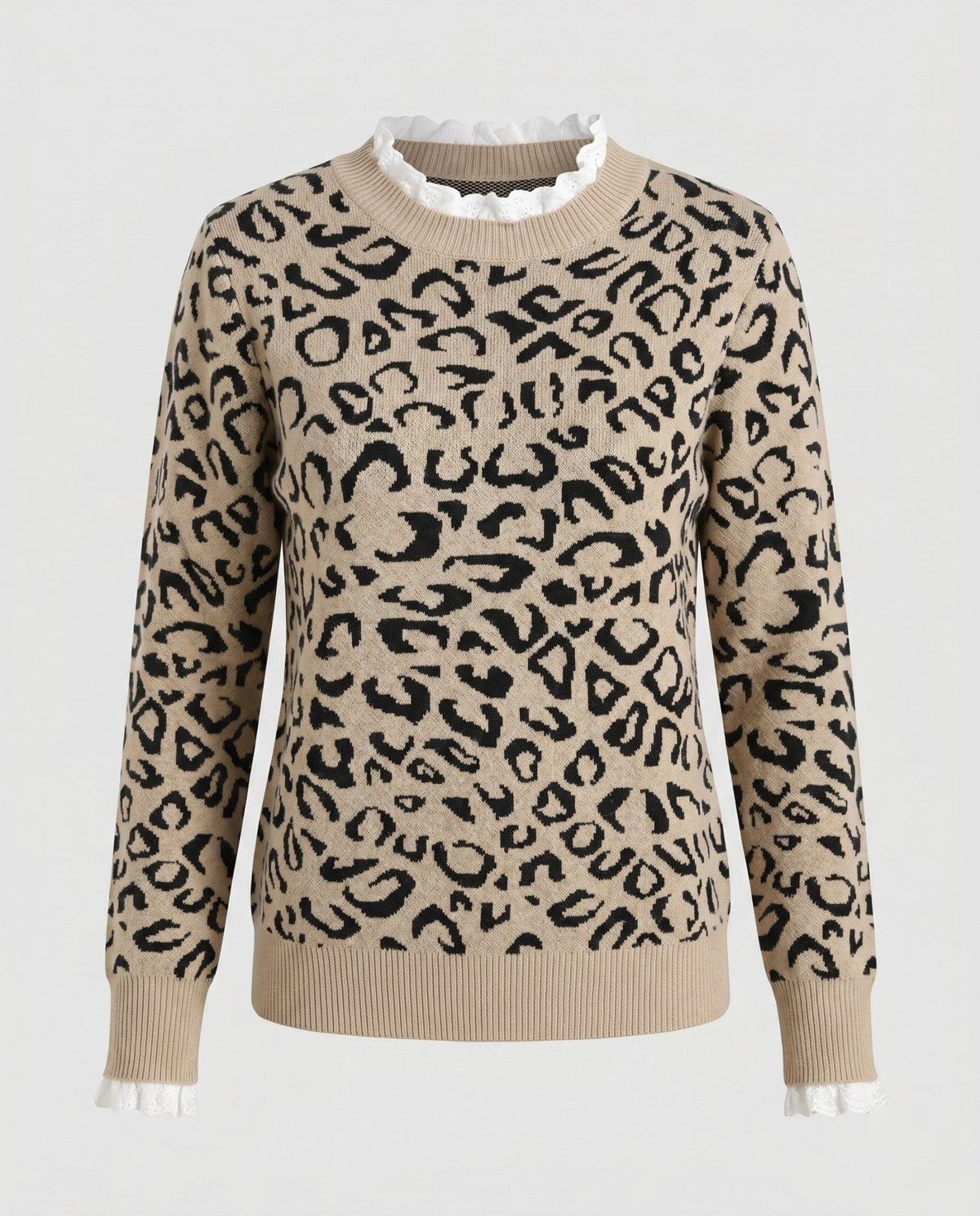 Women's fashionable knitted sweater with leopard pattern and ruffle accents - Chichicherry